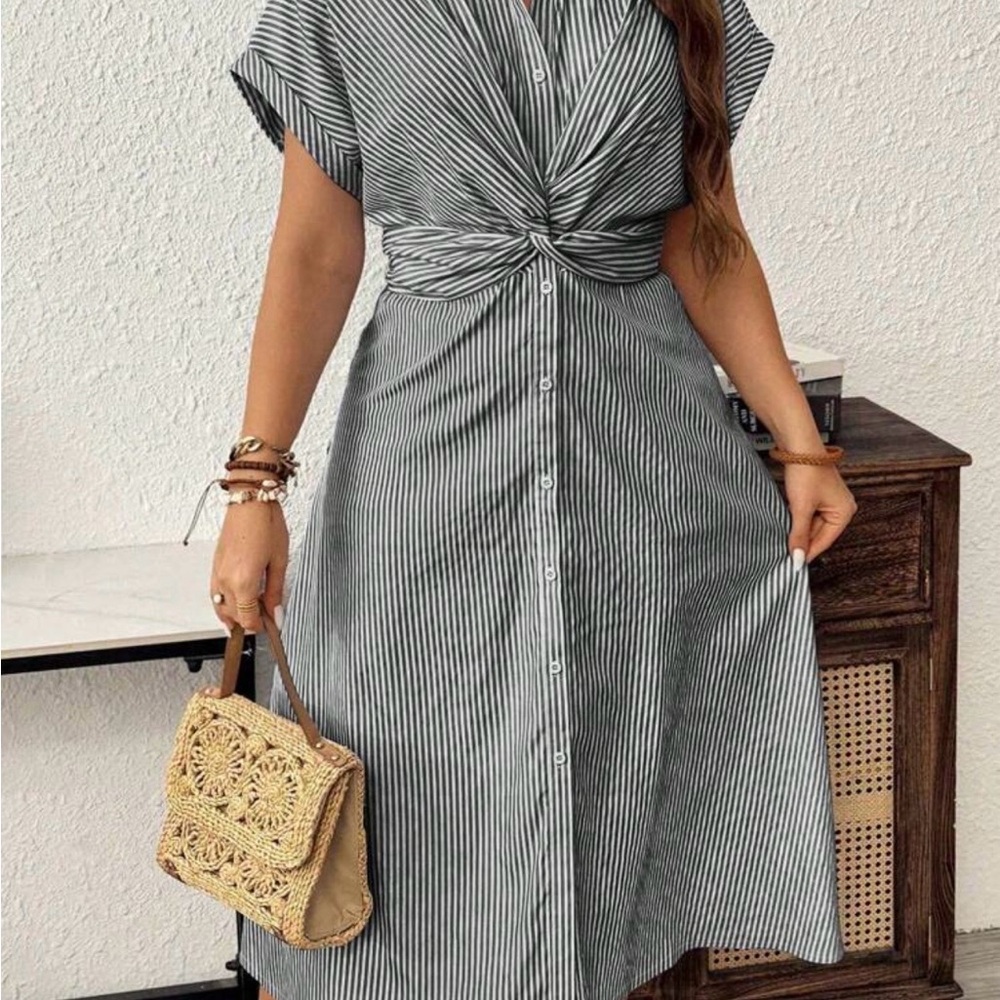 SHEIN Black and White Striped Knot-Front Midi Dress